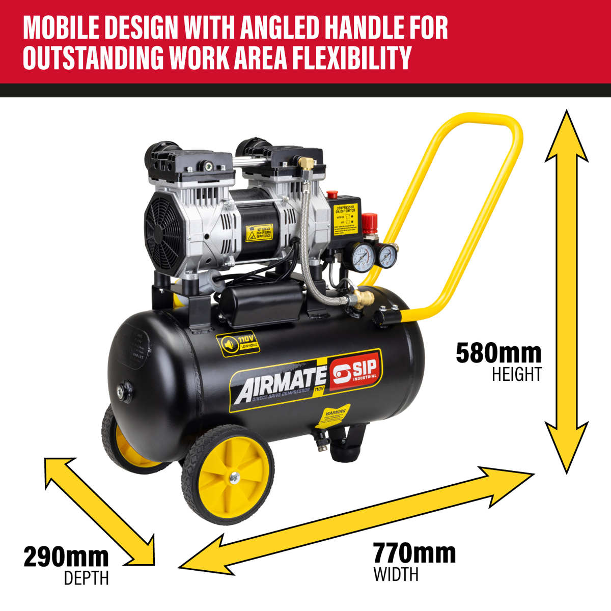 SIP AIRMATE® 110V 24L 2hp Low Noise Oil-Free Direct Drive Compressor